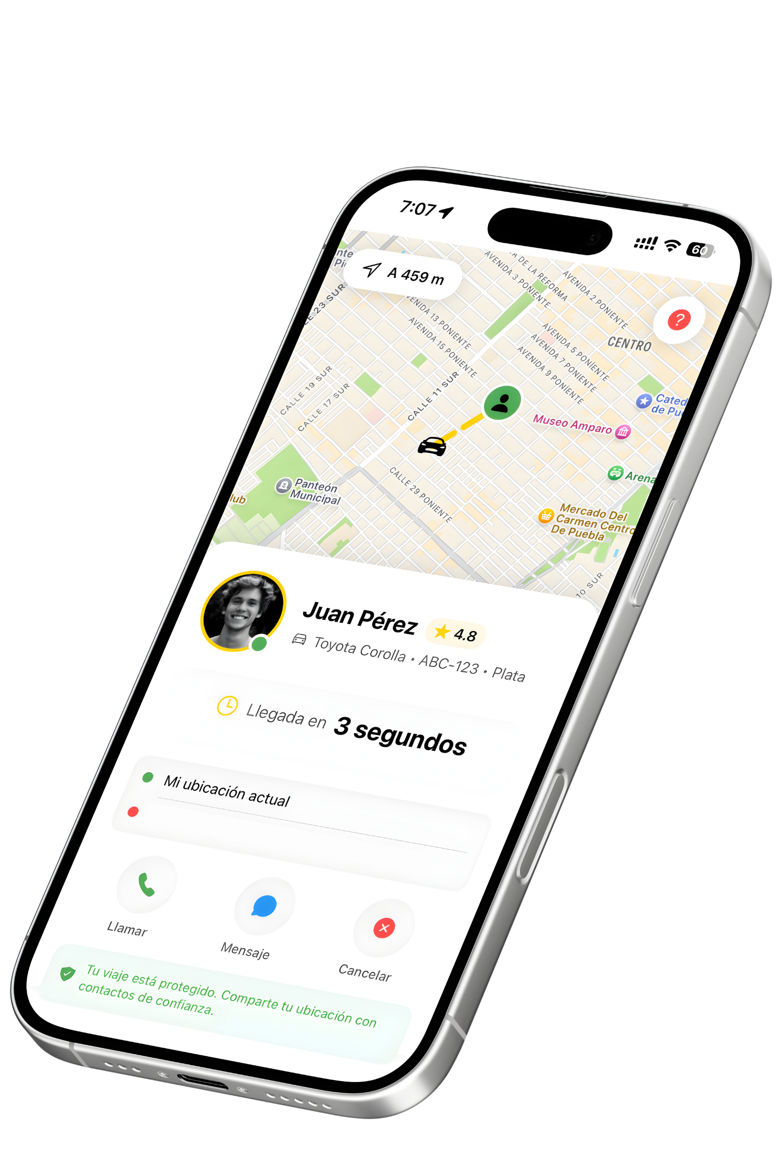 Mockup de la app GO!T mostrando un viaje en curso